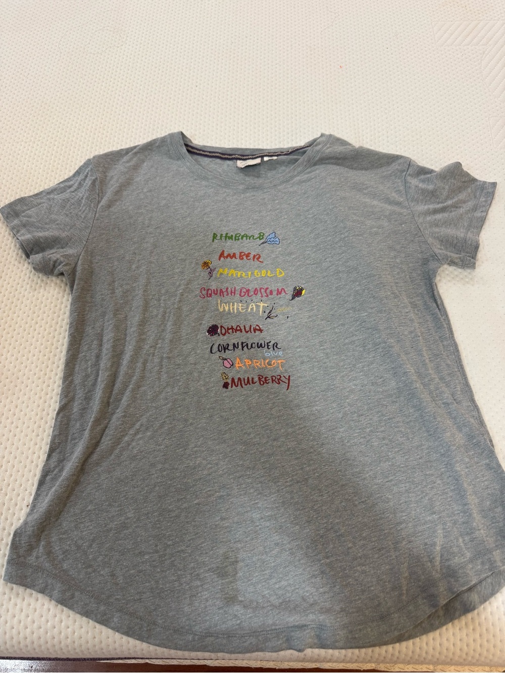 Anthropologie Heather Gray Embroidered Flower Names Tee